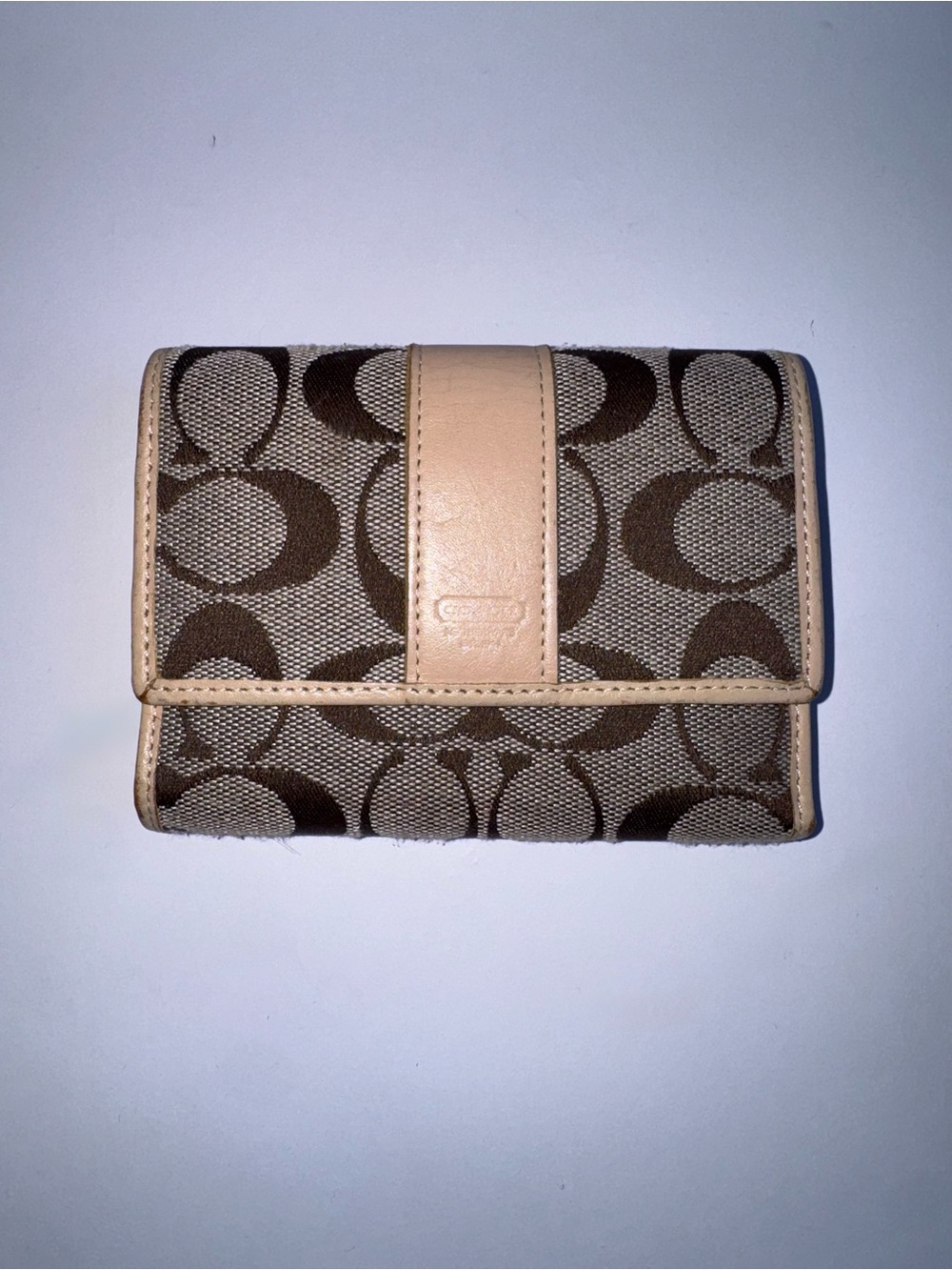 Coach Brown Signature Canvas Trifold Wallet with Beige Trim